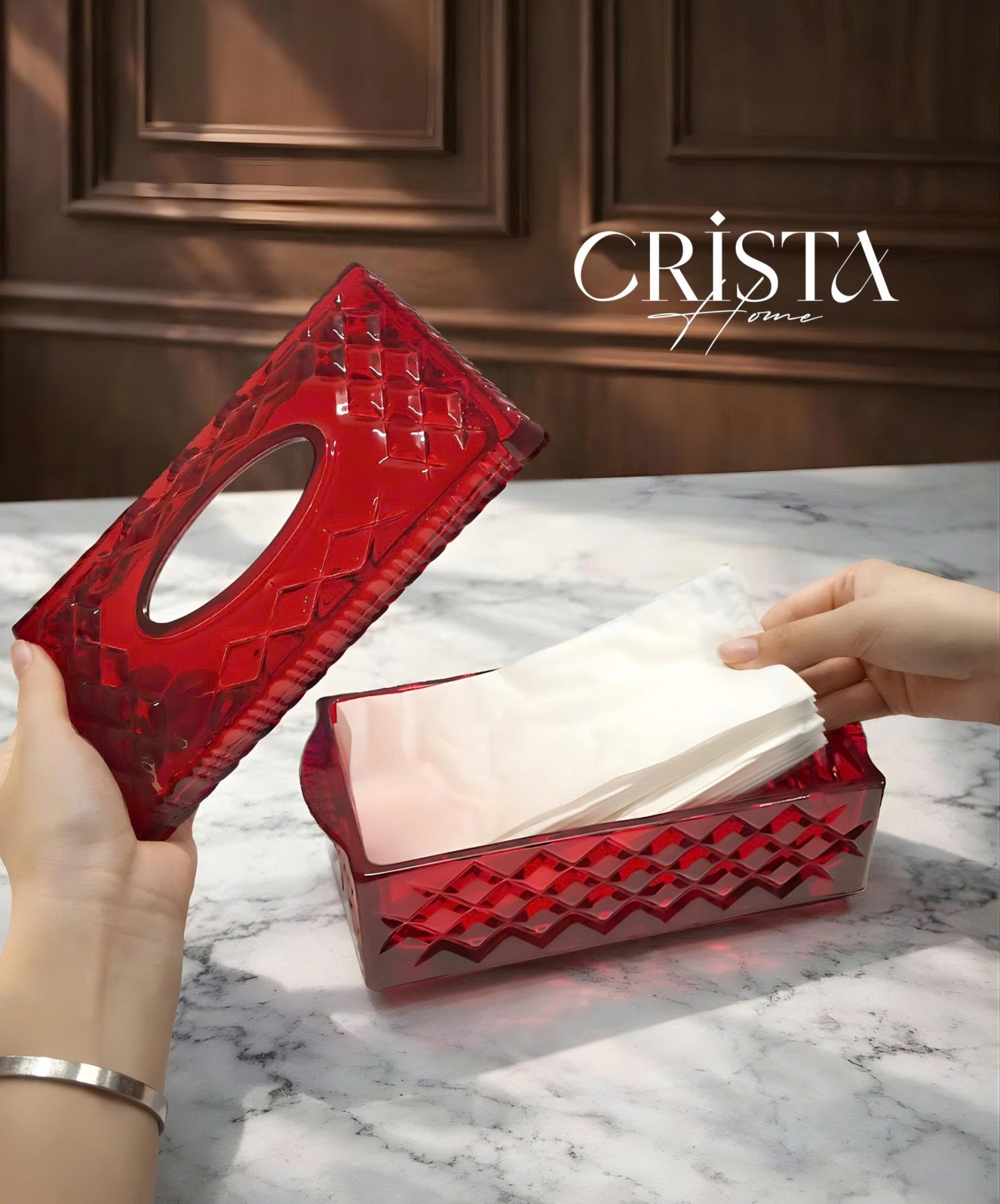 Hộp Thủy Tinh Đựng Giấy Ăn Vân Kim Cương CRISTA HOME - Decor Sang Trọng (4 Màu) — MÀU TRĂNG (7/17)