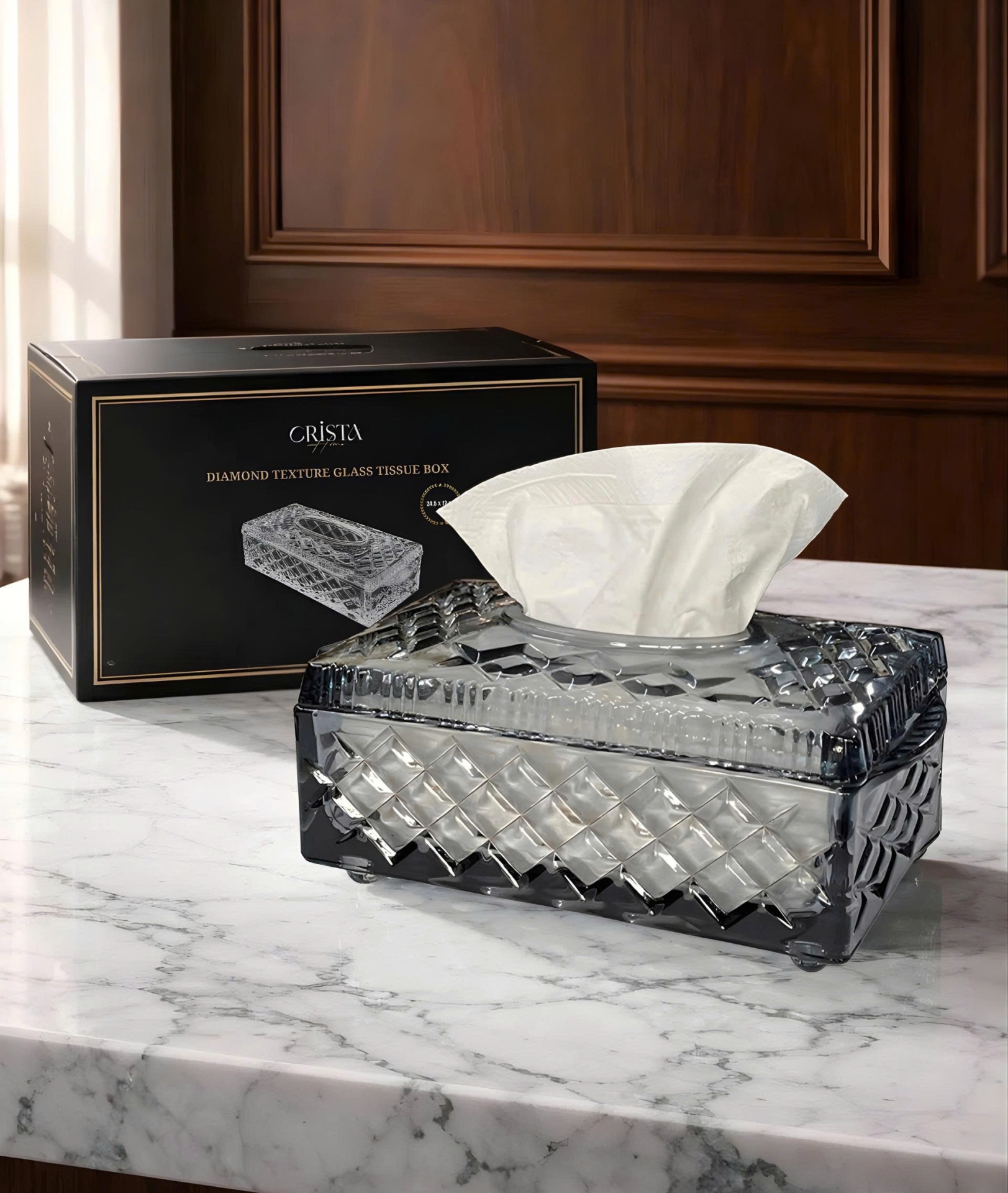 Hộp Thủy Tinh Đựng Giấy Ăn Vân Kim Cương CRISTA HOME - Decor Sang Trọng (4 Màu) — MÀU TRĂNG (17/17)