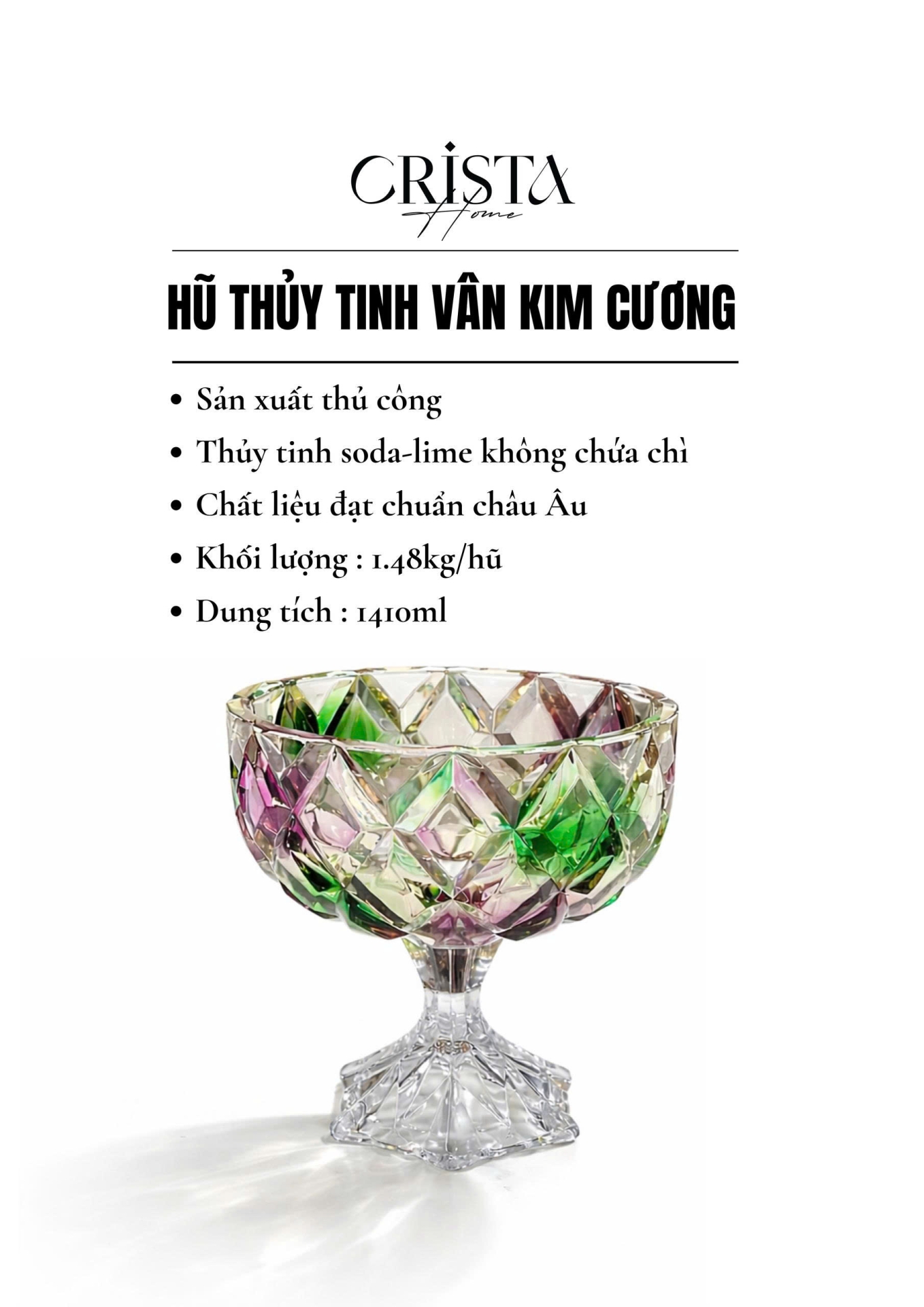 HŨ THỦY TINH CHÂN BỒNG 6 Màu VÂN KIM CƯƠNG 18CM — Màu Đỏ (10/19)