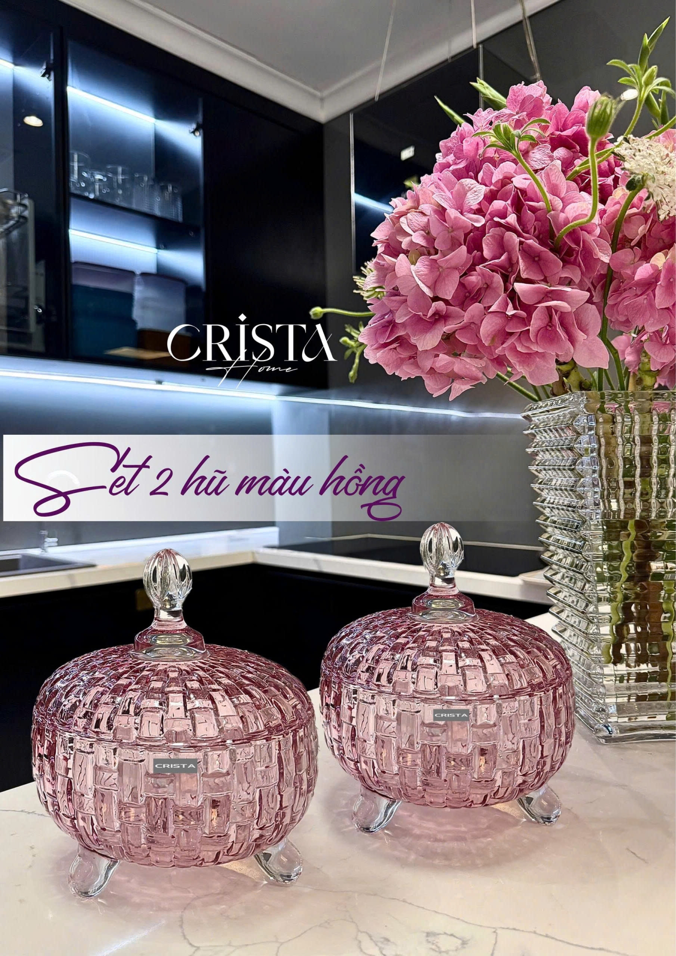 Bộ 2 Hũ Đựng Kẹo Thủy Tinh Vân Caro 790ml CRISTA HOME - 6 Màu Rực Rỡ — Xanh Lá (5/24)