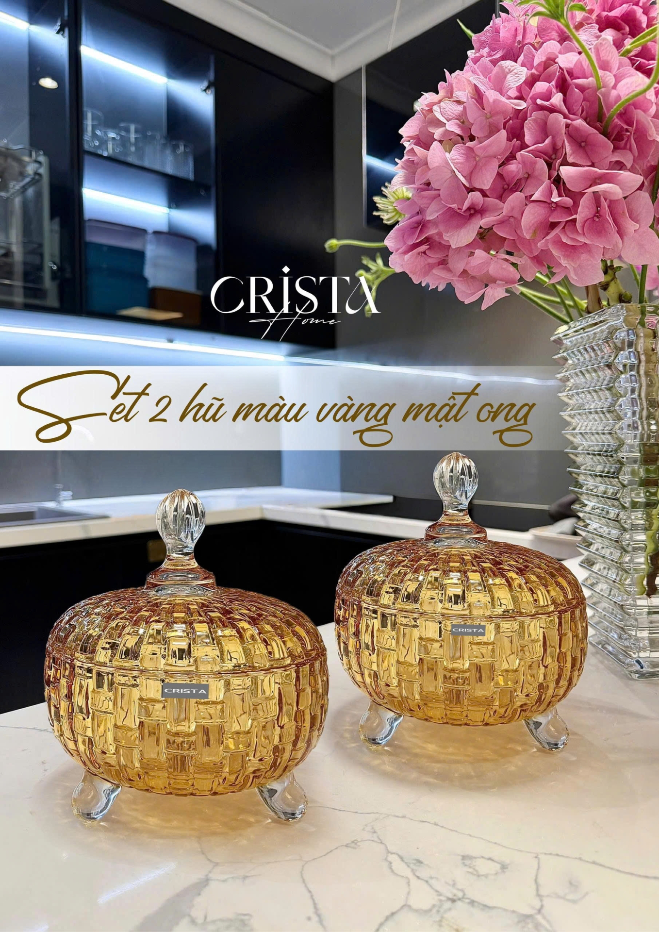 Bộ 2 Hũ Đựng Kẹo Thủy Tinh Vân Caro 790ml CRISTA HOME - 6 Màu Rực Rỡ — Xanh Lá (10/24)