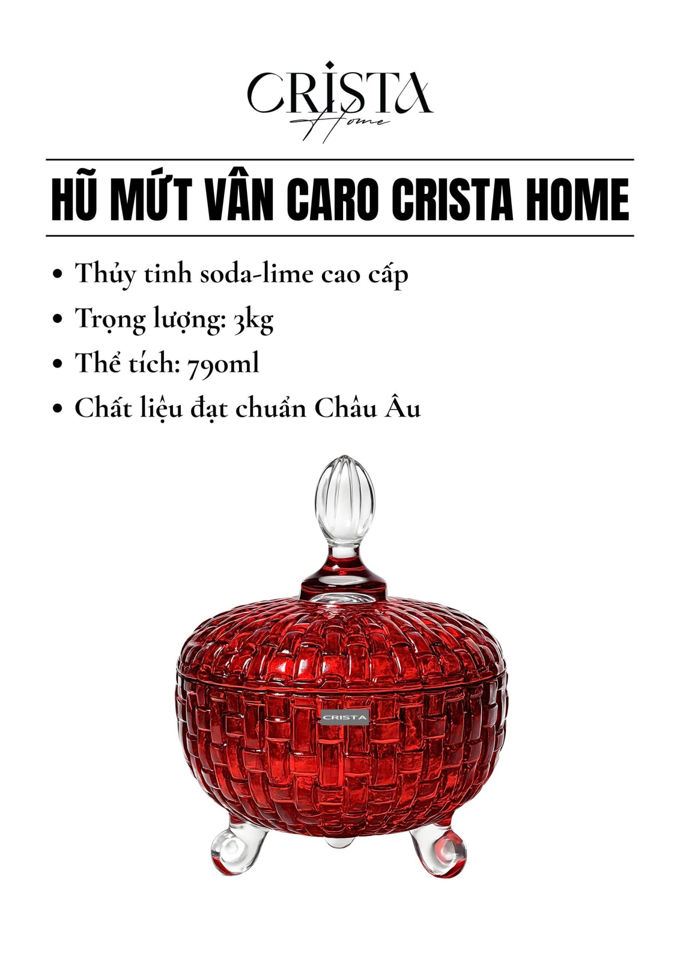 Bộ 2 Hũ Đựng Kẹo Thủy Tinh Vân Caro 790ml CRISTA HOME - 6 Màu Rực Rỡ — Xanh Lá (22/24)
