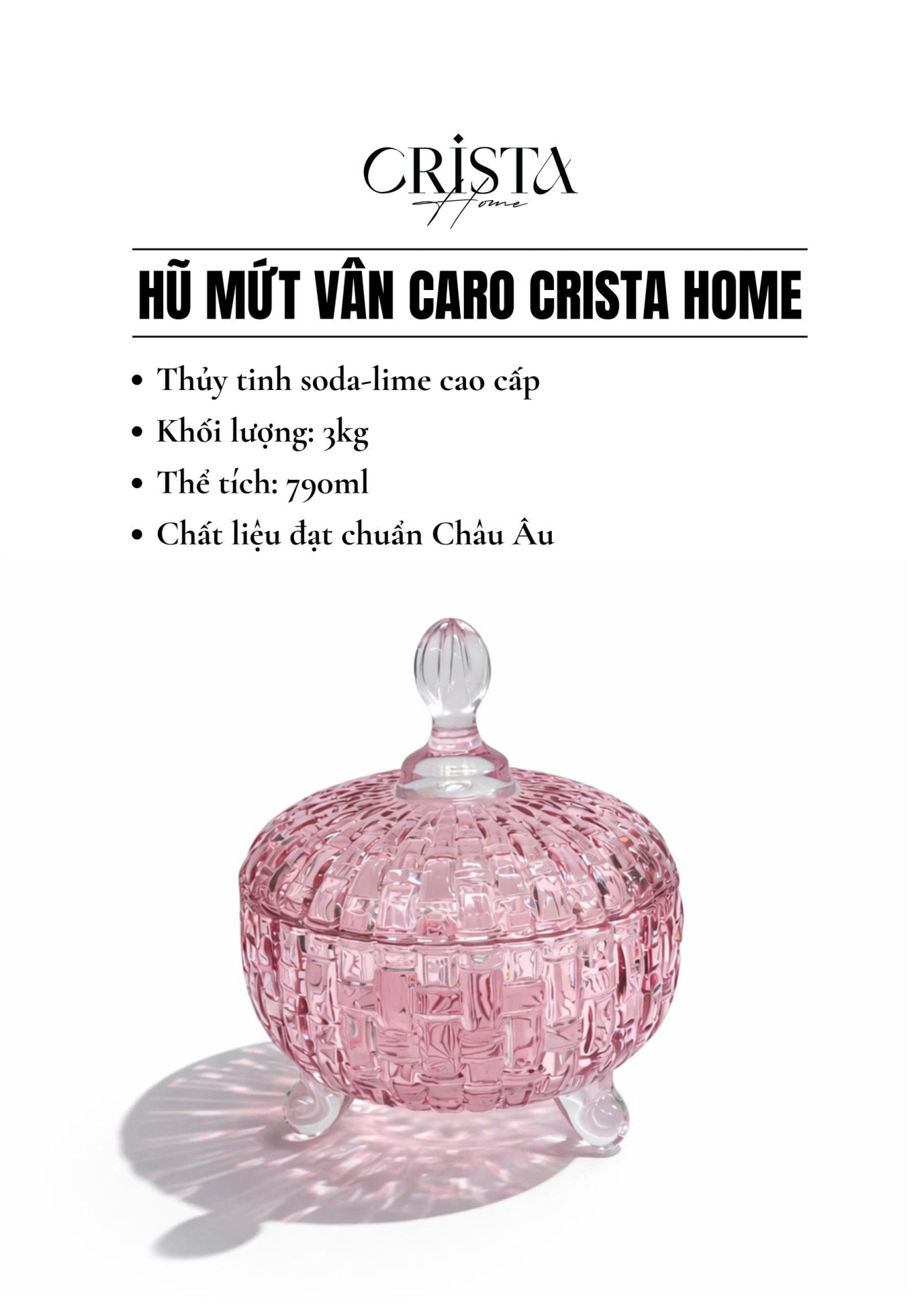 Bộ 2 Hũ Đựng Kẹo Thủy Tinh Vân Caro 790ml CRISTA HOME - 6 Màu Rực Rỡ — Xanh Lá (9/24)