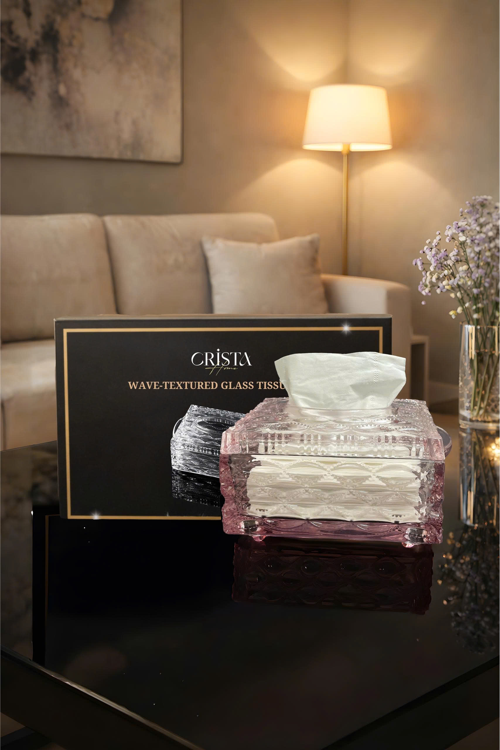 Hộp Thủy Tinh Đựng Giấy Ăn Vân Sóng CRISTA HOME - Thiết Kế Mới (5 Màu) — MÀU HỒNG (2/19)