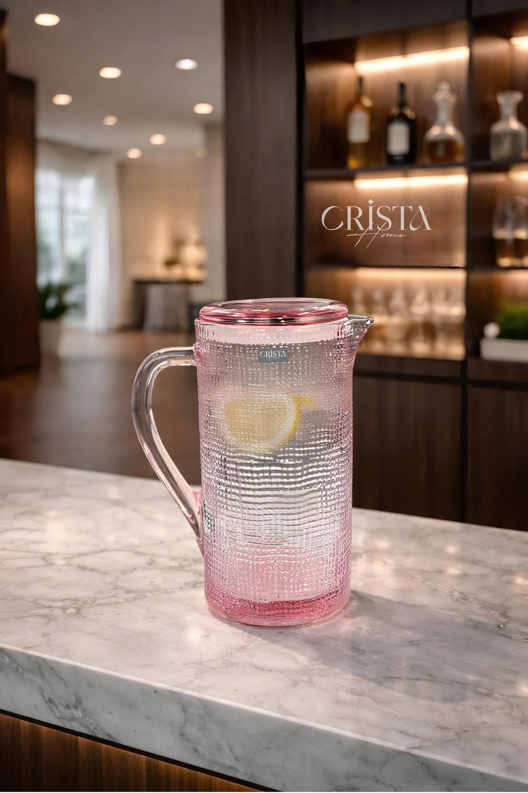 Bình Nước Thủy Tinh Vân Lưới Màu Hồng 1L CRISTA HOME - Nắp Silicone Chống Rớt