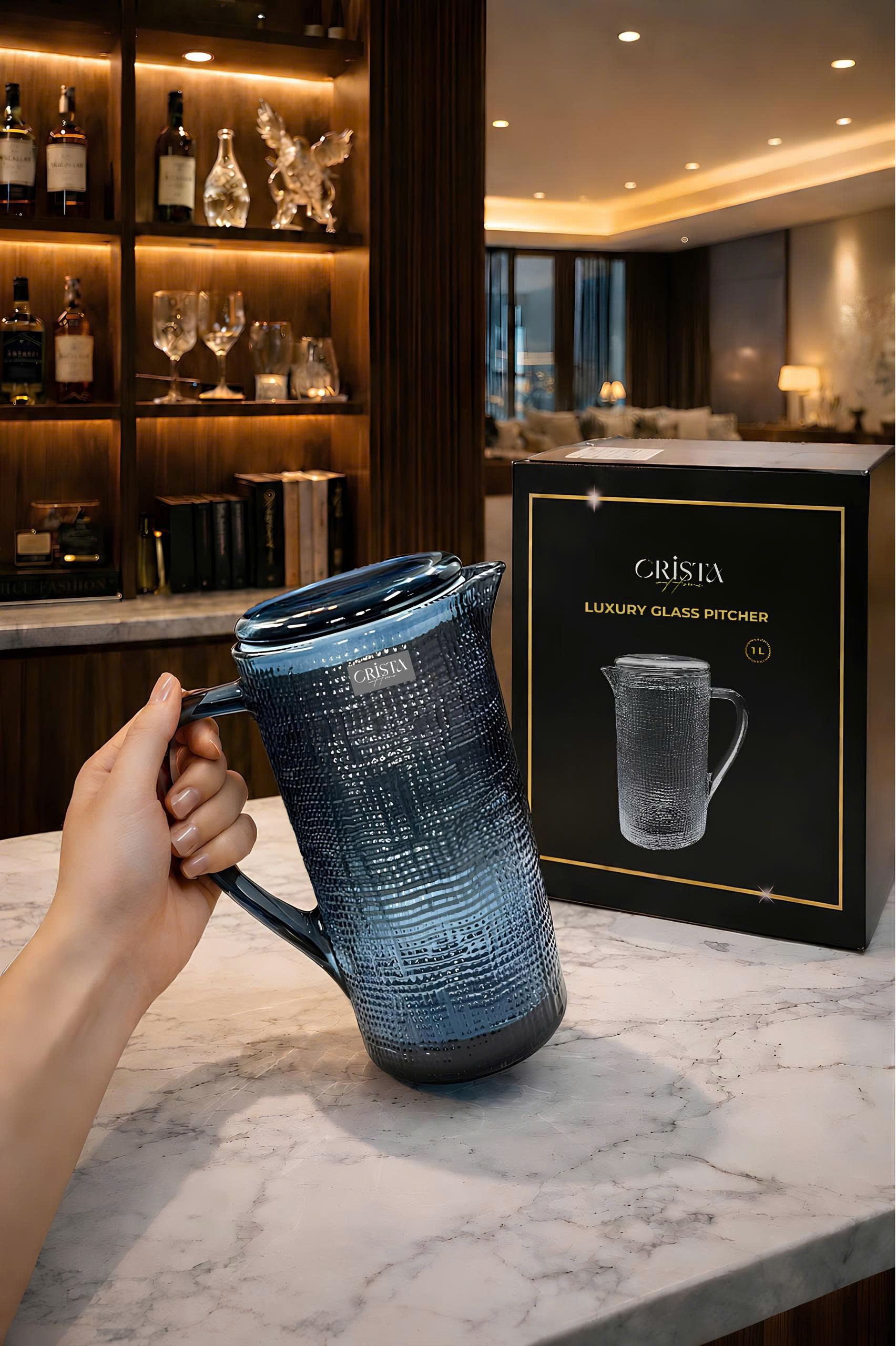 Bình Nước Thủy Tinh Vân Lưới Màu Xanh Dương 1L CRISTA HOME - Nắp Silicone Chống Rớt