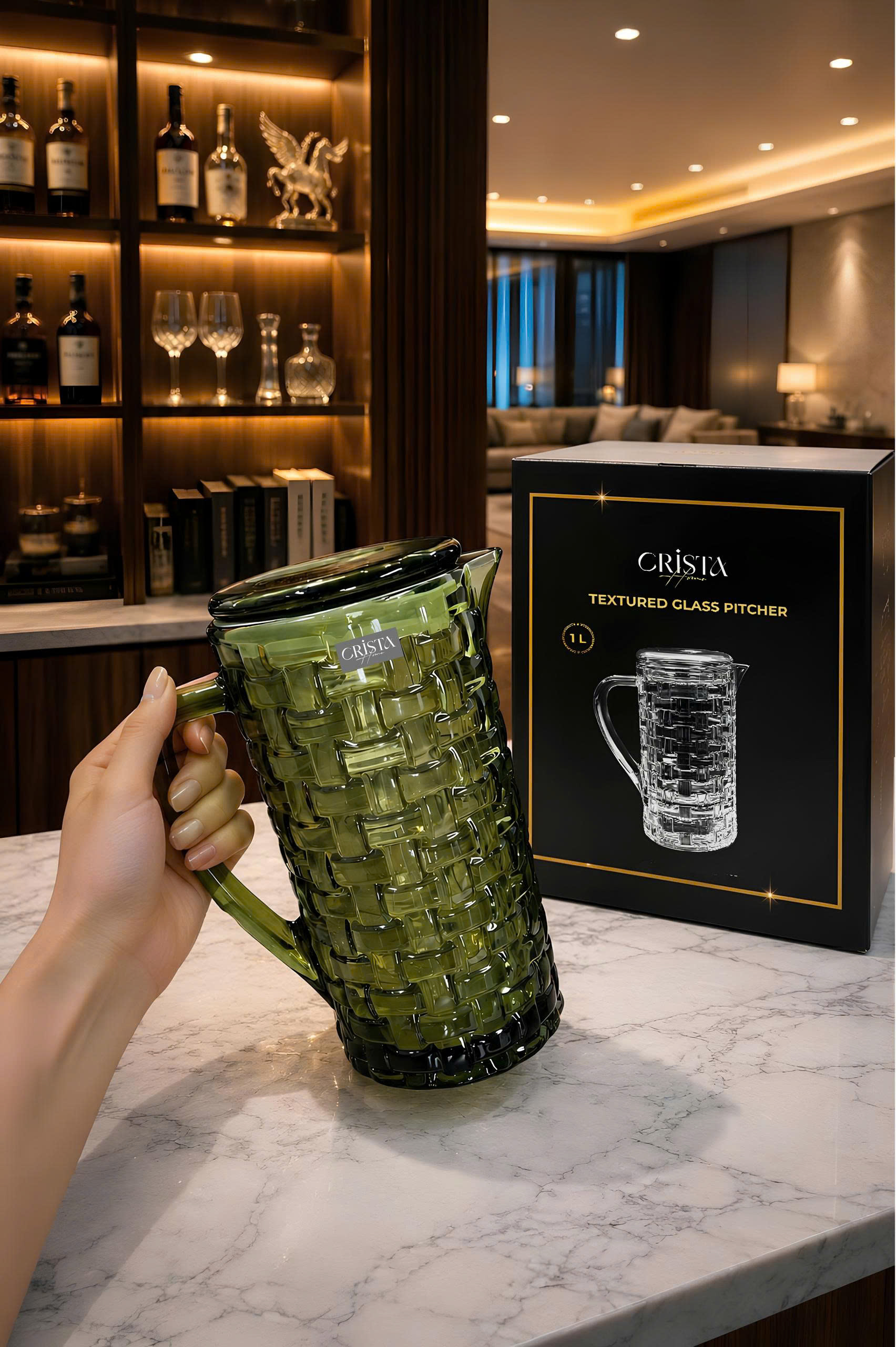 Bình Nước Thủy Tinh Vân Caro 1L CRISTA HOME - Nắp Chống Rớt Thông Minh (6 Màu) — MÀU TÍM (2/14)