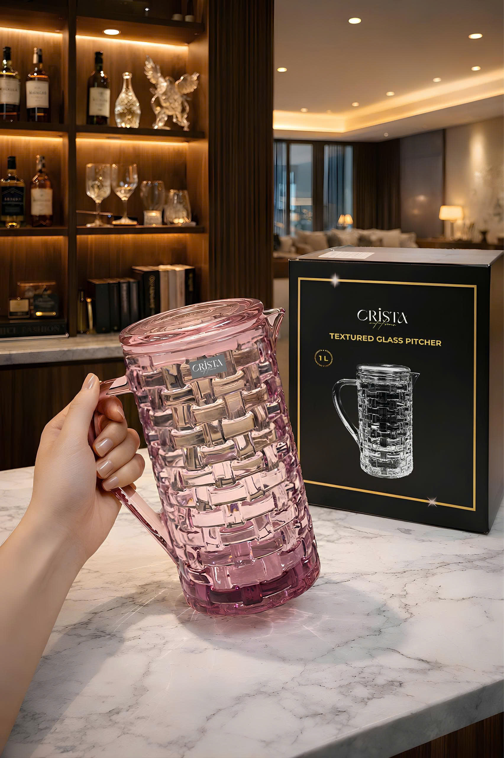 Bình Nước Thủy Tinh Vân Caro 1L CRISTA HOME - Nắp Chống Rớt Thông Minh (6 Màu) — MÀU TÍM (5/14)