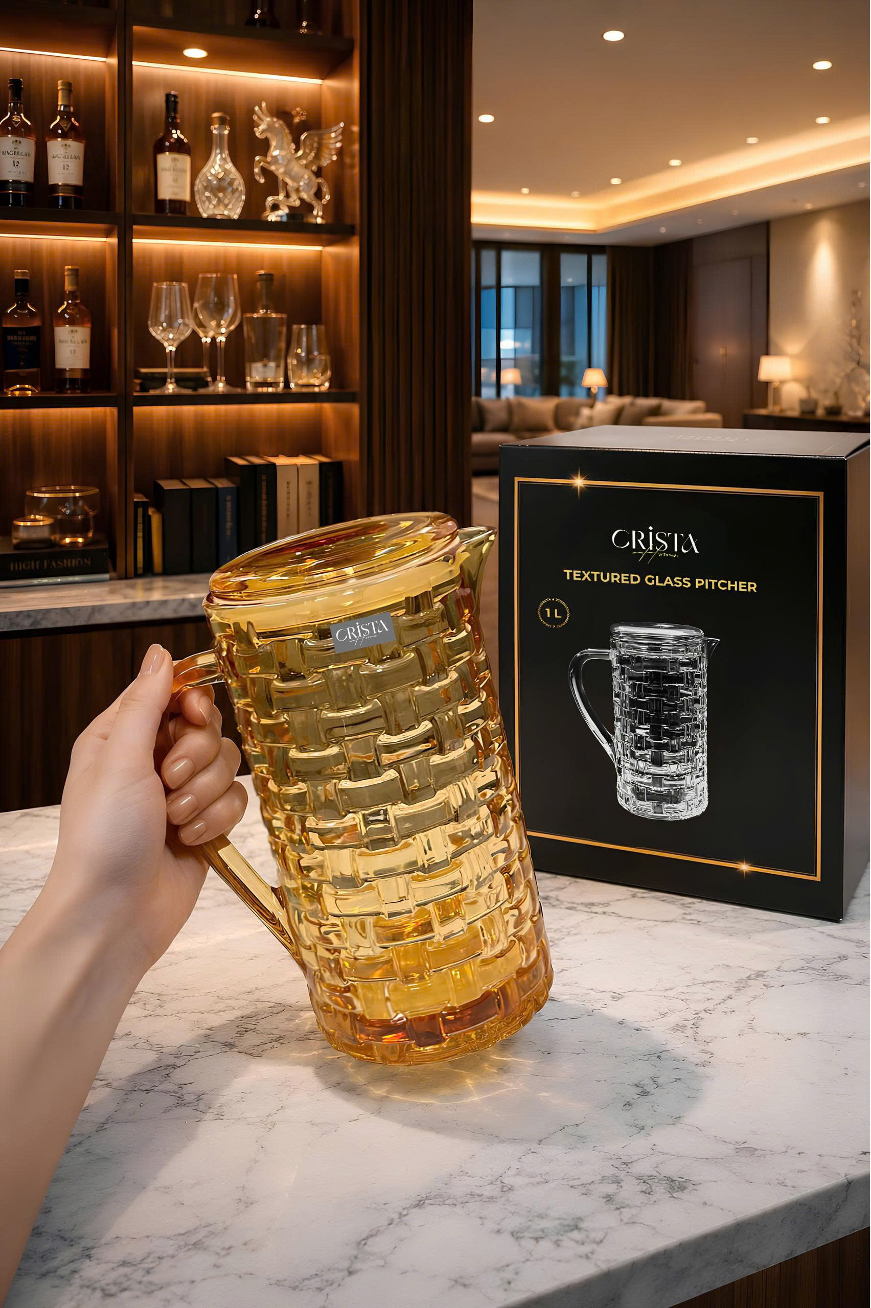 Bình Nước Thủy Tinh Vân Caro 1L CRISTA HOME - Nắp Chống Rớt Thông Minh (6 Màu) — MÀU TÍM (6/14)