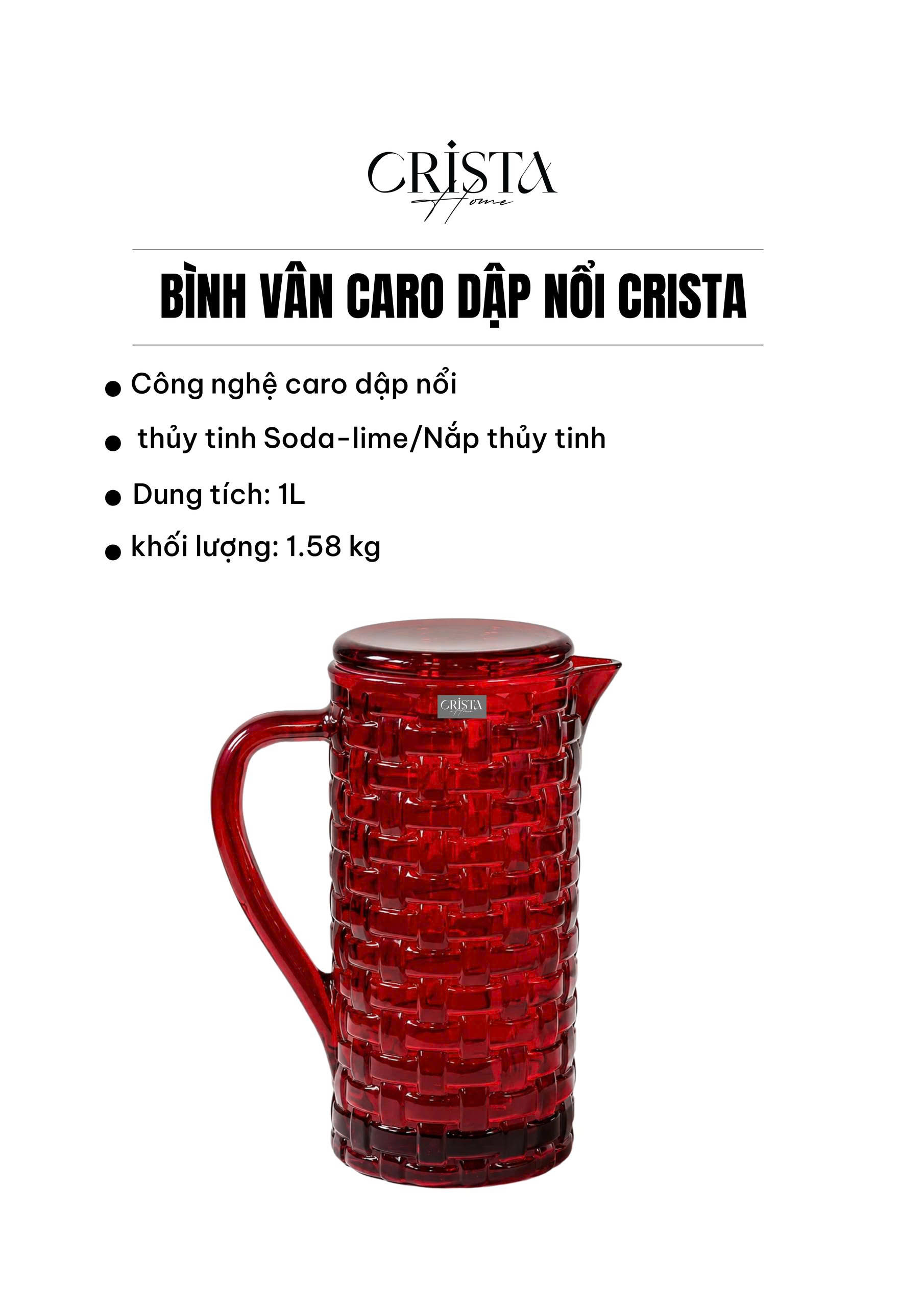 Bình Nước Thủy Tinh Vân Caro 1L CRISTA HOME - Nắp Chống Rớt Thông Minh (6 Màu) — MÀU TÍM (10/14)