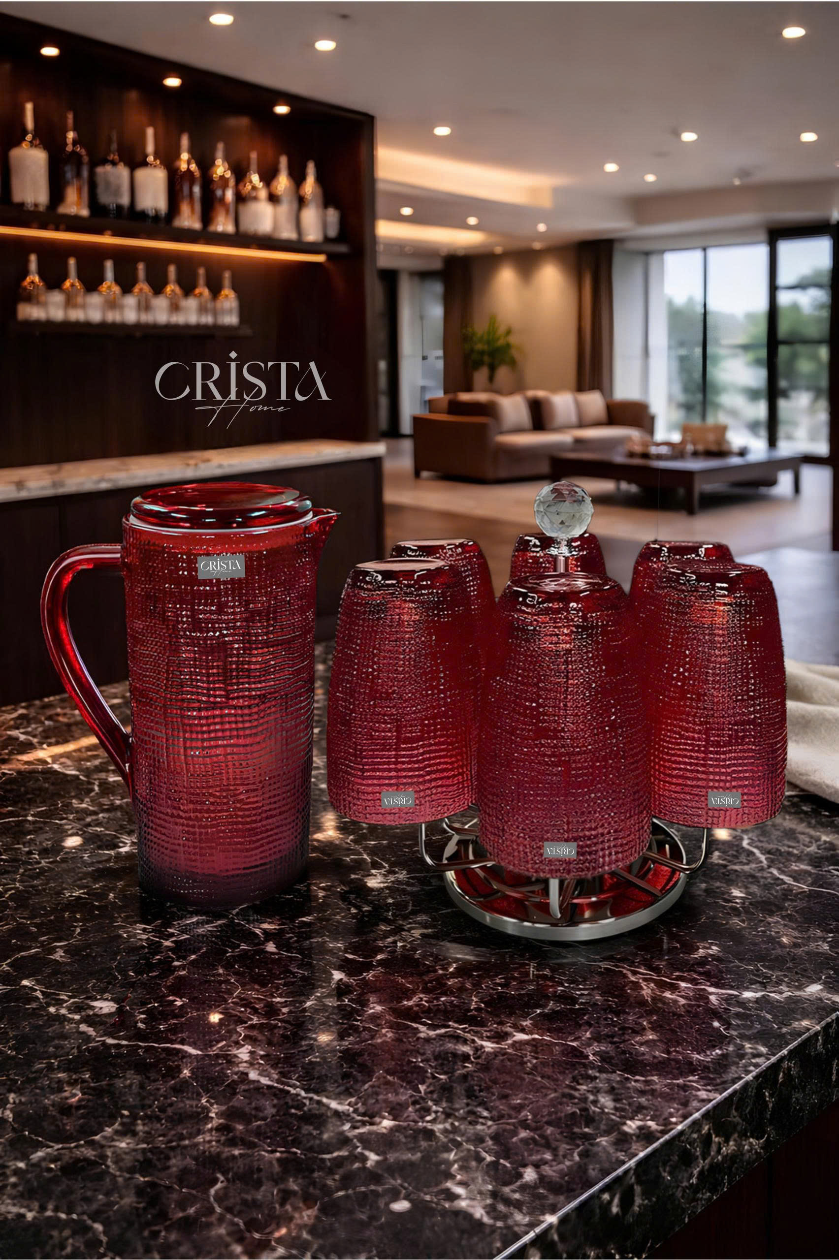 Bình Nước Thủy Tinh Vân Lưới Màu Đỏ Ruby 1L CRISTA HOME - Nắp Thuỷ Tinh Gioăng Khít Thông Minh