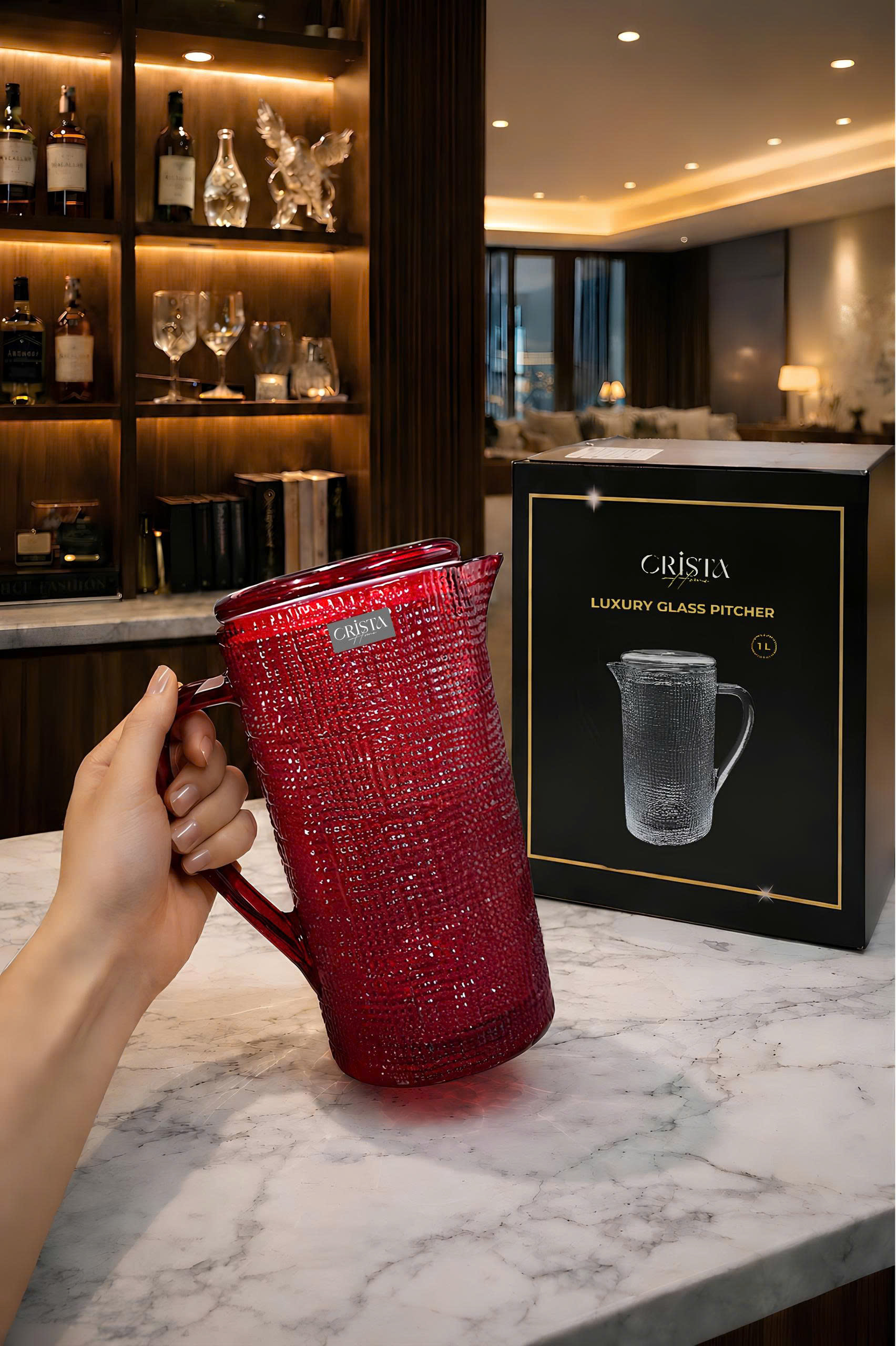 Bình Nước Thủy Tinh Vân Lưới Màu Đỏ Ruby 1L CRISTA HOME - Nắp Thuỷ Tinh Gioăng Khít Thông Minh (2/2)