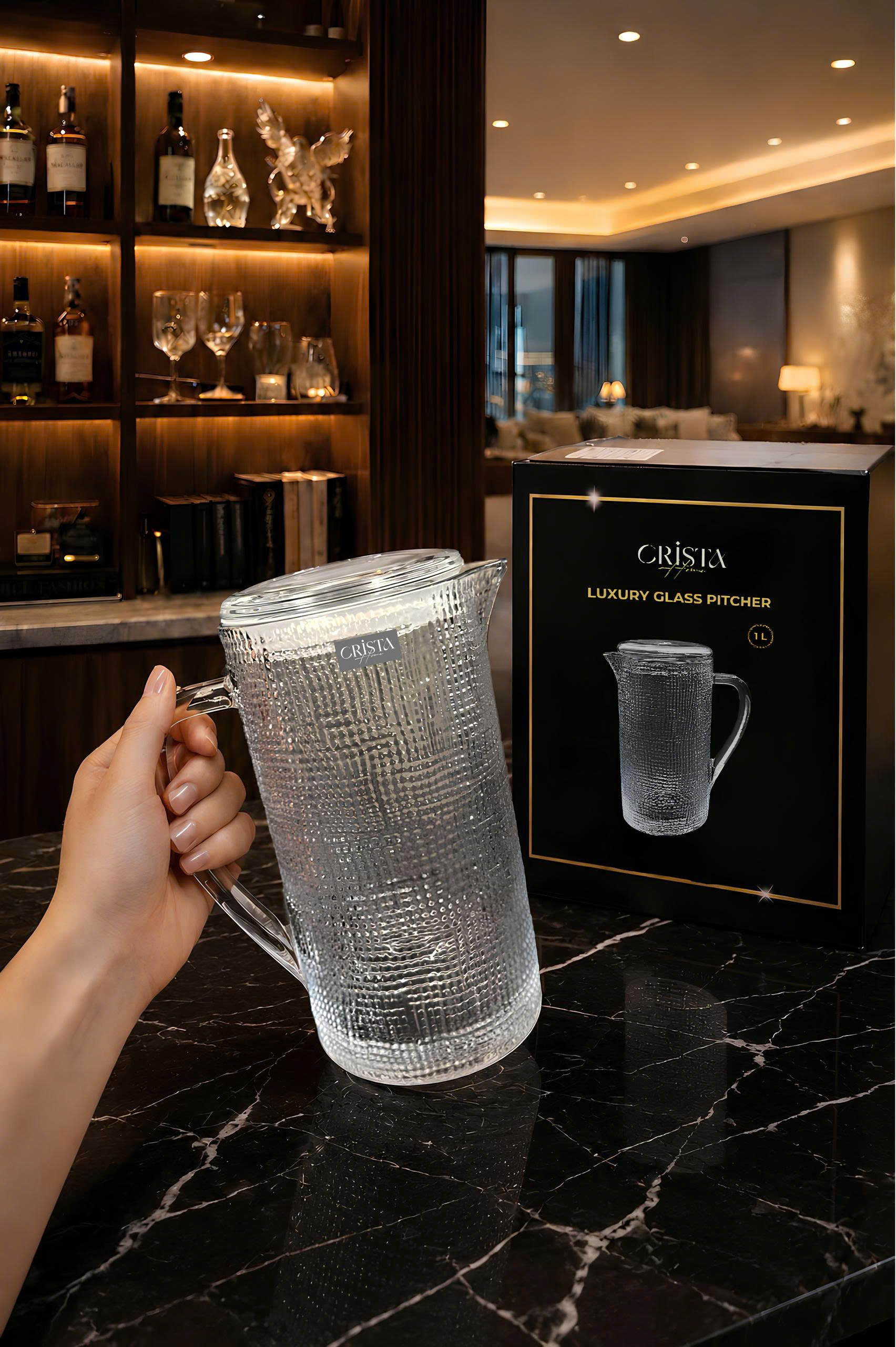 Bình Nước Thủy Tinh Vân Lưới Màu Trắng Trong Suốt 1L CRISTA HOME - Nắp Gioăng Silicone Vượt Trội (2/2)