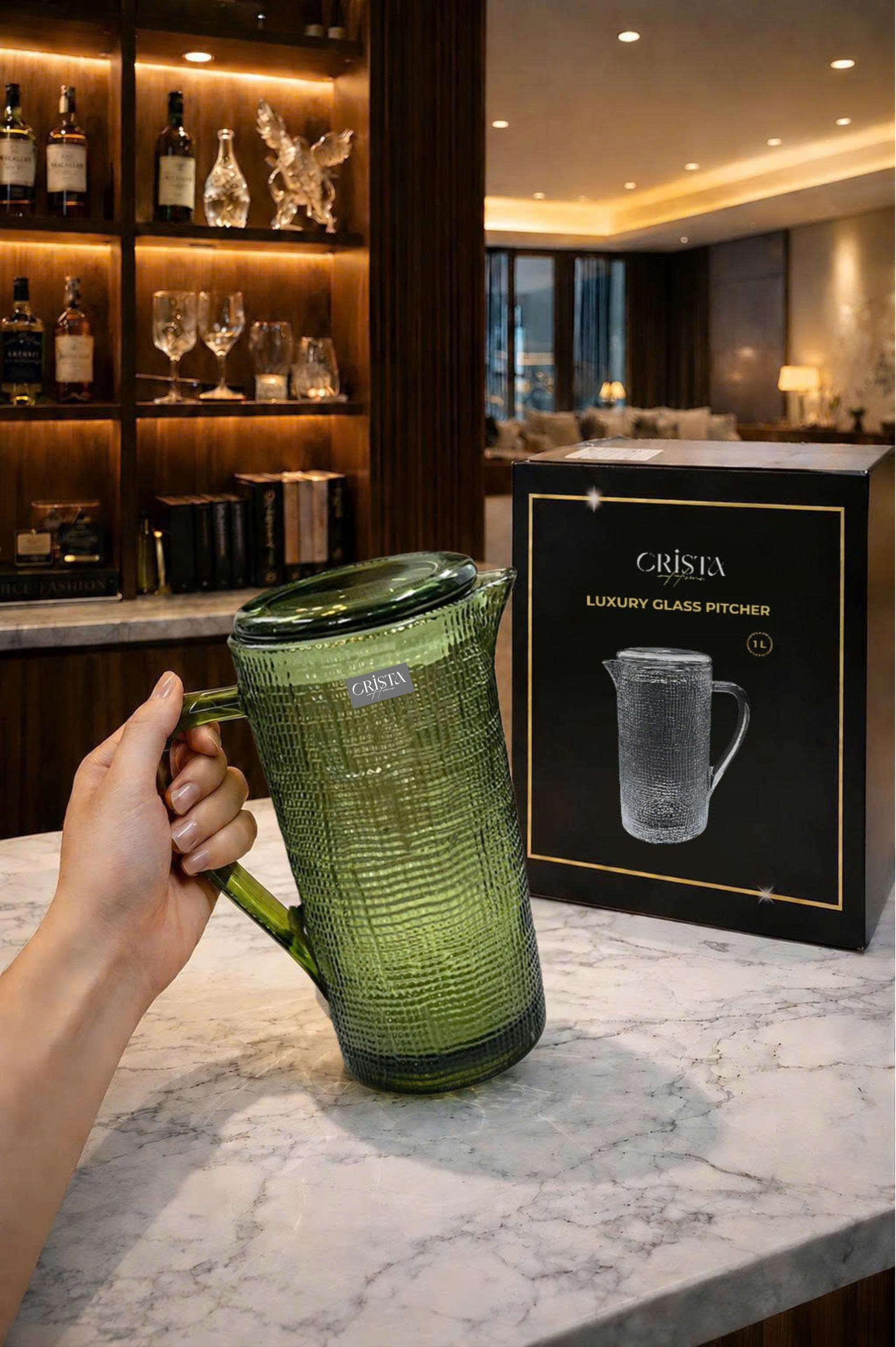 Bình Nước Thủy Tinh Vân Lưới Màu Xanh Lá 1L CRISTA HOME - Nắp Ron Khít Chống Tuột (2/2)