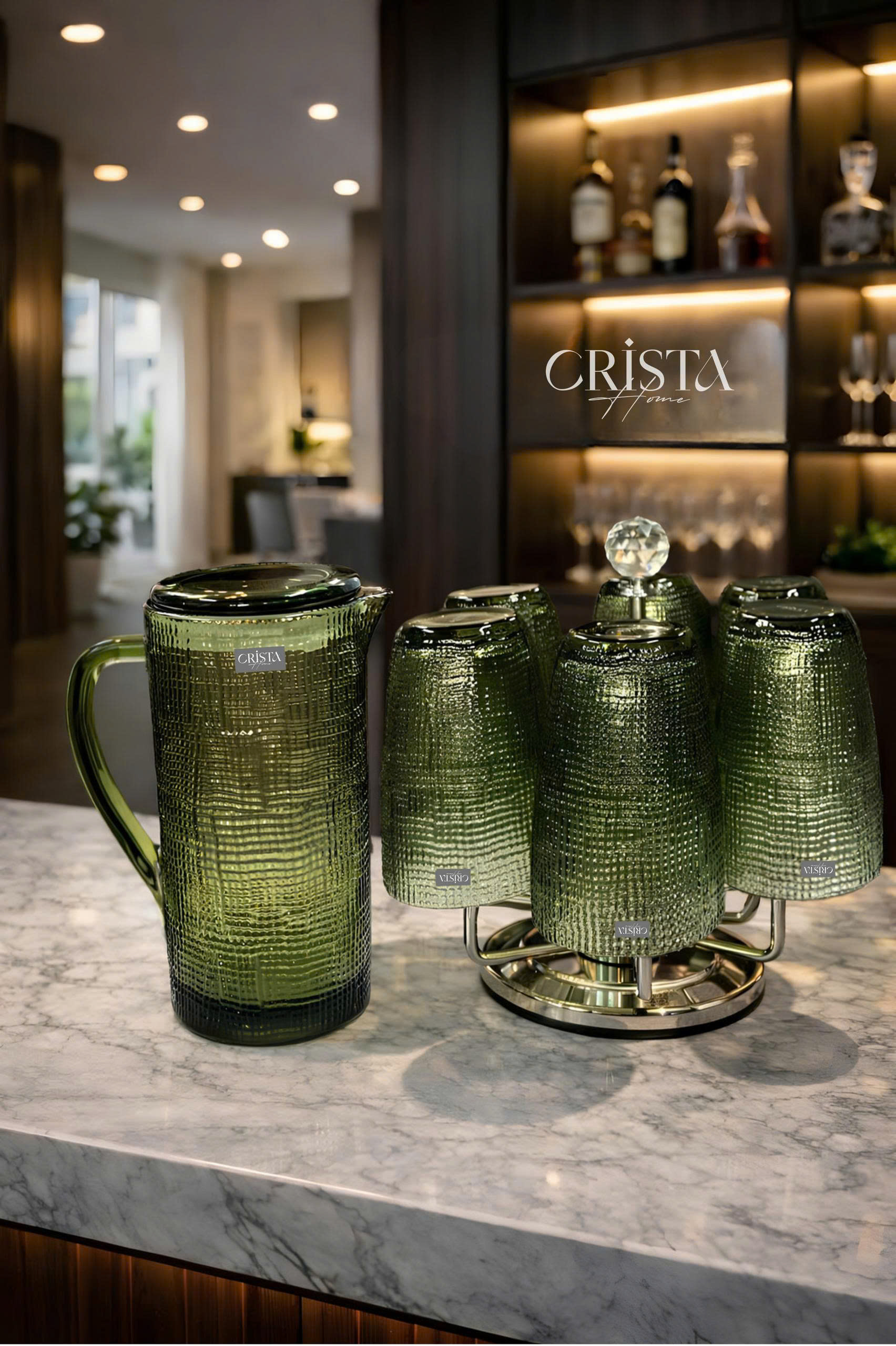 Bình Nước Thủy Tinh Vân Lưới Màu Xanh Lá 1L CRISTA HOME - Nắp Ron Khít Chống Tuột