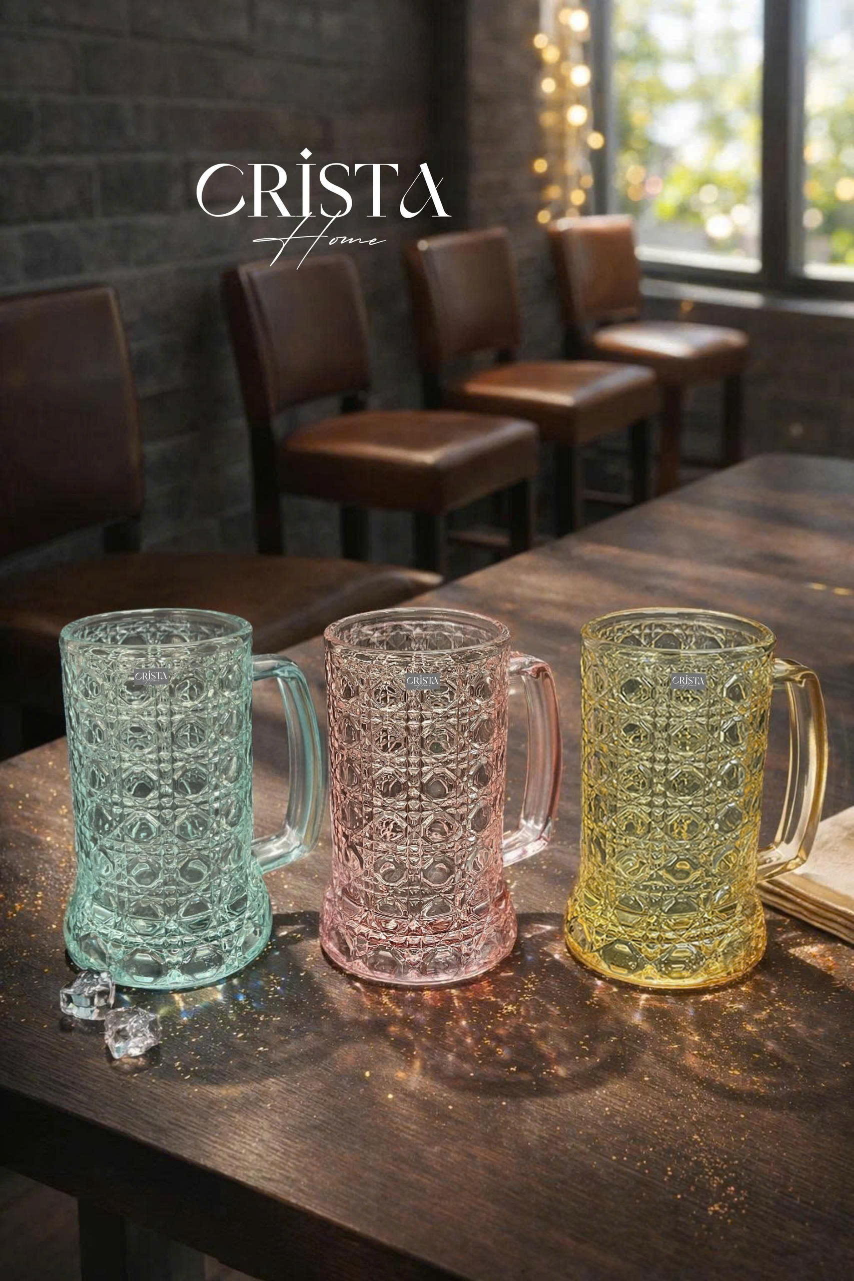 Bộ 6 Cốc Bia Thủy Tinh Vân Pha Lê Có Quai 420ml CRISTA HOME - Siêu Phẩm Mùa Hè (3 Màu)